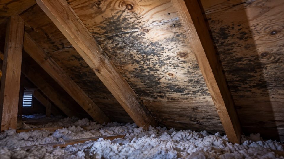 Mold on attic roof sheathing in a Montgomery County home